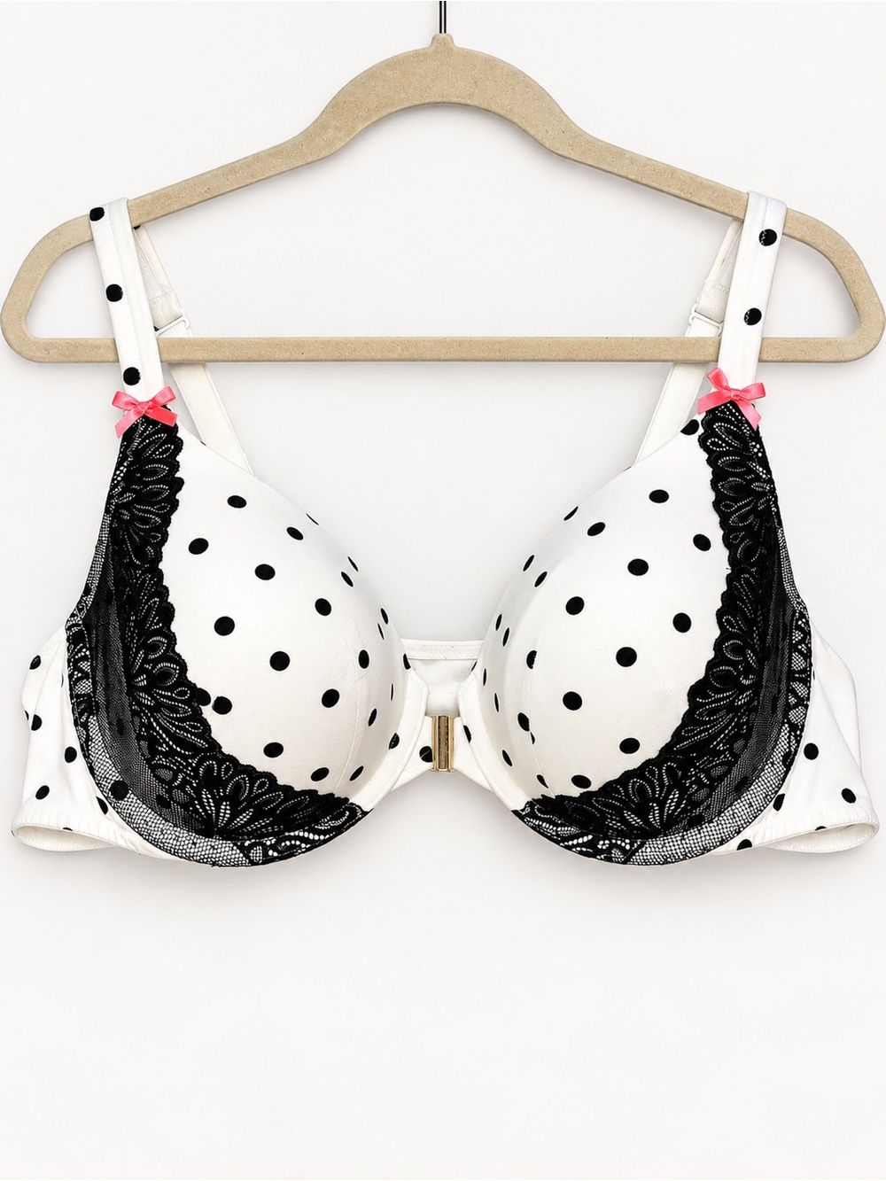 Cacique Front Close Bra 44B Black White Polka Dot Underwire Lace Feminine